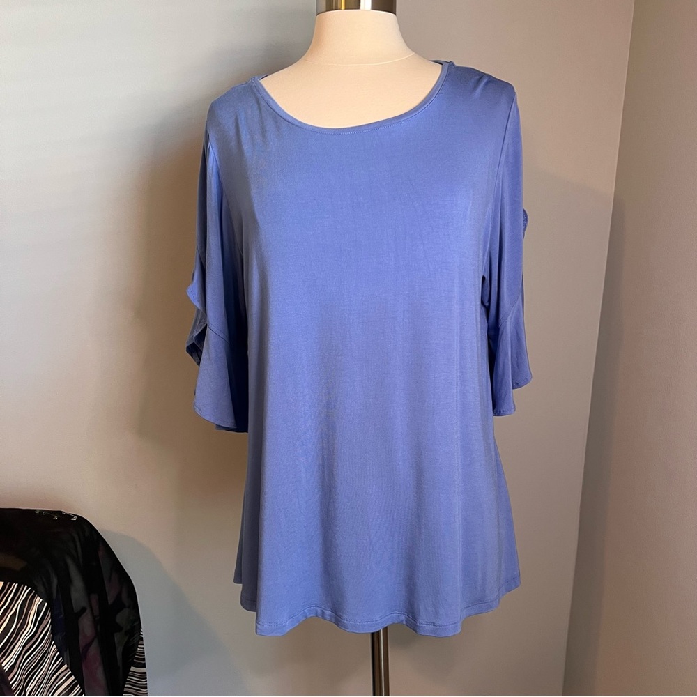 H By Halston L Blue Flutter Sleeve Crew Neck Knit Top Blouse